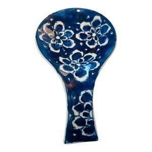 Blue Floral Ceramic Spoon Rest Hand Painted Kitchen Utensil Holder 9” Vintage